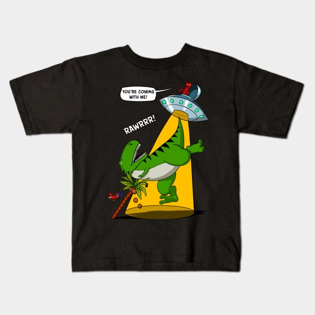 T-Rex Dinosaur Alien Abduction Funny Alien Kids T-Shirt by underheaven